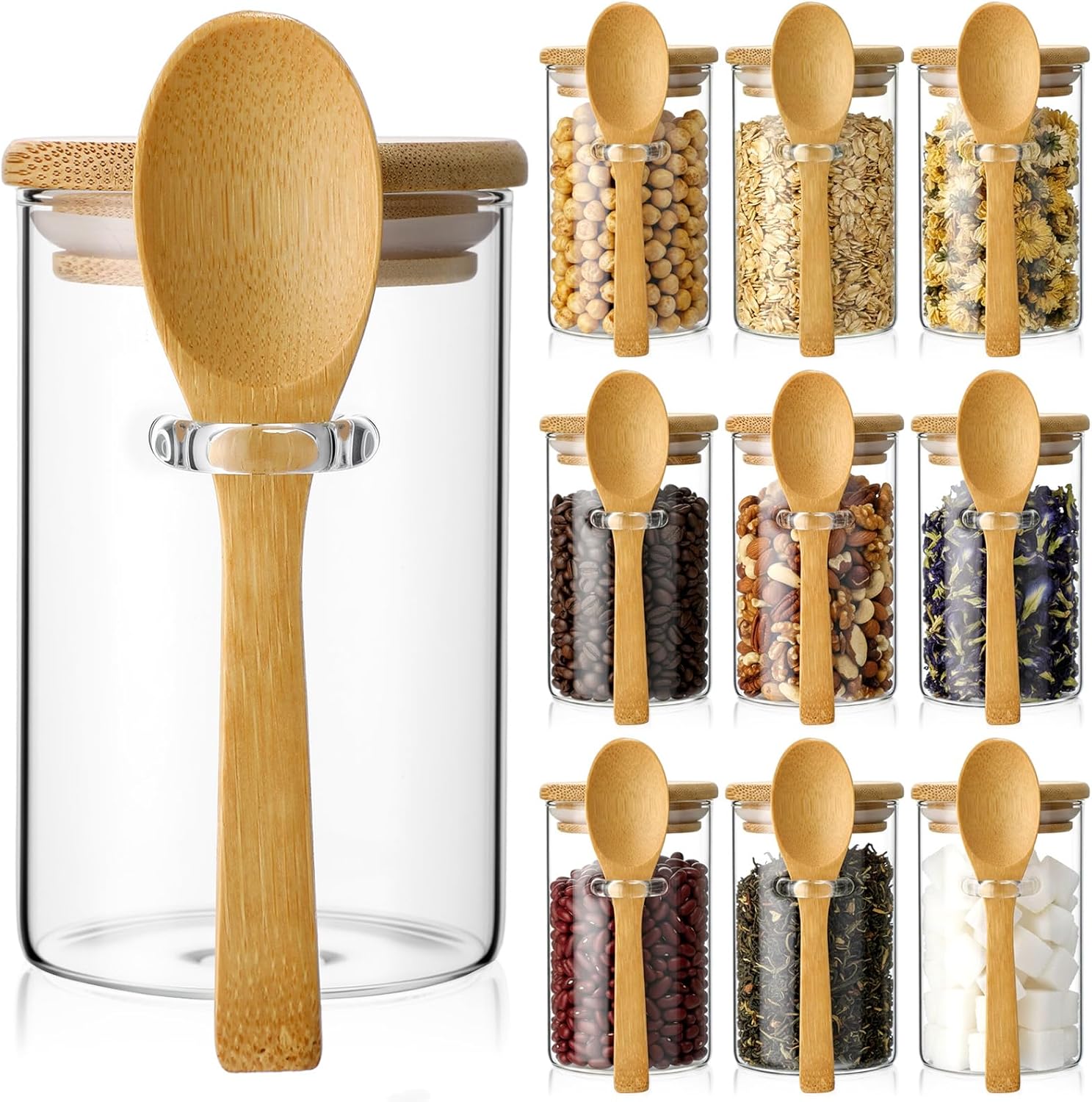 Food Storage Glass Jar - 10 Pack Glass Jars with Bamboo